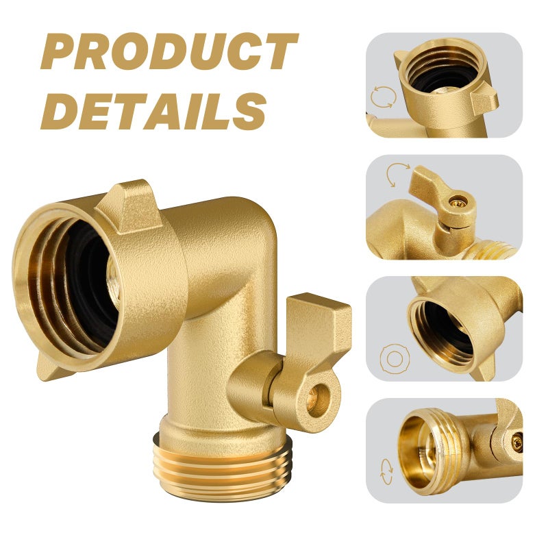 Twinkle Star 90 Degree Garden Hose Elbow with Shut Off Valve 2 Pack, 3/4" Heavy Duty Hose Adapter with 2 O-rings, Solid Brass Gooseneck Garden Hose Connector - Image 2